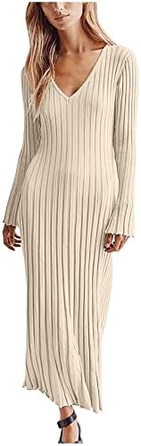 Haljina za žene 2023 ležerna jednobojna Maksi haljina s izrezom u obliku slova u i dugim rukavima večernje haljine ležerna
