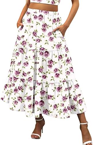 Flowy Pleade Midi suknje za žene Ljetne suknje Boho suknje s džepovima solidna midi suknja visoki struk zamah A-line suknja