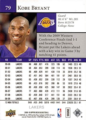 2009-10 Gornja paluba 79 Kobe košarkaške kartice Kobe Bryant Lakers
