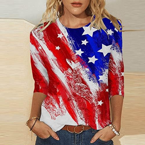 Odlazna košulja za tinejdžerku jesen ljeto 3/4 rukav posada za rukom američke prugaste zvijezde grafički vrhovi majice žene