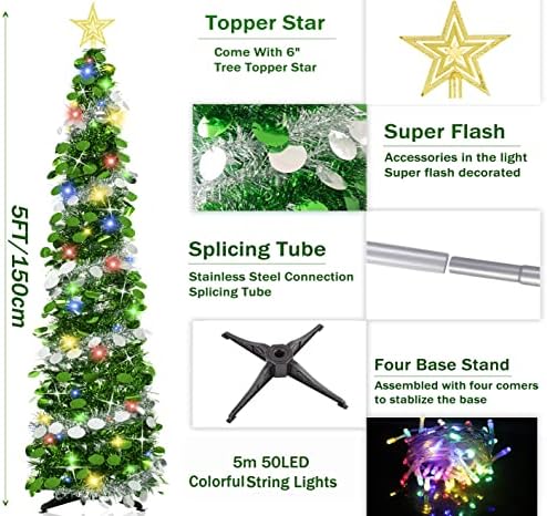 Hmasyo Pop up Tinsel božićno drvce s 50 LED šarenih svjetala - 5ft skloni se dvostrukom obojenom šljokicama umjetna olovka