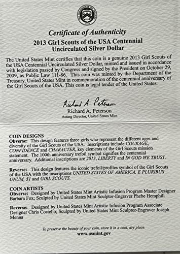 2013 W Girl Scouts of USA Centennial Silver Dollar US MINT BU
