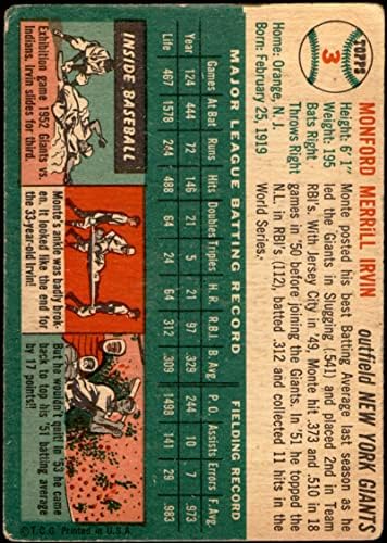 1954. Topps 3 WHT Monte Irvin New York Giants siromašni divovi