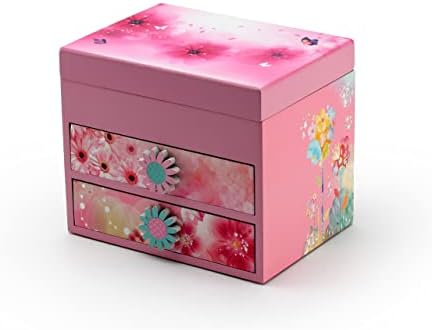Ružičasta drvena cvjetna tema, glazbena kutija s rotirajućom balerinom od 18 nota-mnogo pjesama koje možete izabrati-9-inčni