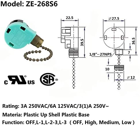 Prekidač stropnih ventilatora ZE-268S6,3 Brzina 4 žice stropne ventilator upravljanja lancem za povlačenje, preklopni prekidač