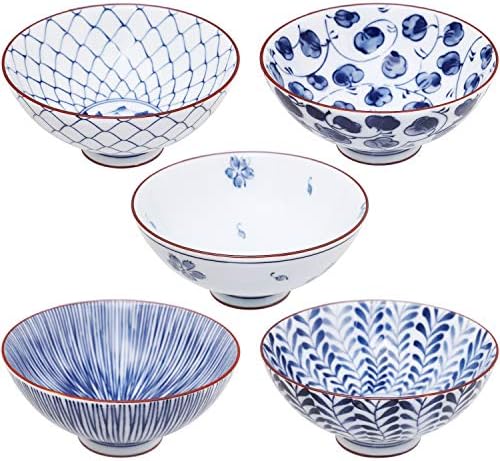 Mino Ware Japanski set keramike - tradicionalne japanske zdjele s rižom - plavo -bijele azijske zdjele - ručno obojene zdjele