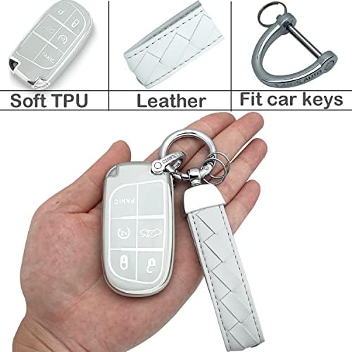 Yonmcfn za džip ključ fob pokrivača s kožnim privjesom za ključeve, mekani TPU 5 gumbi tipke, fit 2014-2023 grand cherokee