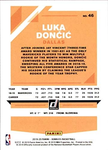 2019-20 Donrus Basketball 46 Luka Dončić Dallas Mavericks službena NBA trgovačka kartica iz MIB-a