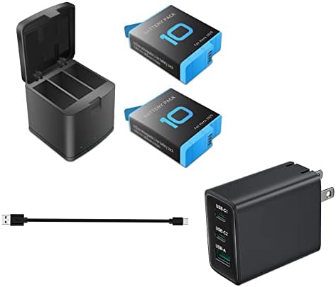 2 pakiranja baterija i punjača za GoPro Hero 10, GoPro Hero 9 + 65W PD Brzi zidni punjač punjača Blok adapter za putovanja