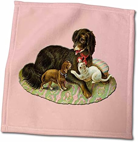 3drozni pas na ružičasto-zelenoj prostirci s razigranim štenetom i mačićem-Ručnici