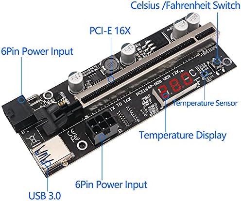 Nova verzija PCIE RISER 1x do 16x Grafičko proširenje s senzorom temperature za Bitcoin GPU Mining Adapter Adapter Adapter