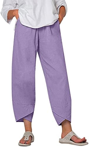 MTSDJSKF Osječena hlača Žene, širokim nogama elastične pamučne platnene hlače s džepovima za žene s džepovima za žene