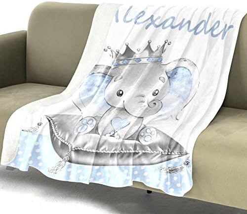 Personalizirana dječja prilagođena pokrivač s imenom plava pokrivač Crown Elephant Custom Baby Deke za dječake Prilagođene