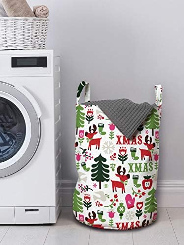 Božićna torba za pranje rublja na mjesečini, Božićni natpisi s uzorkom Jelena i jele, ilustracija u crtanom stilu šuma, košara
