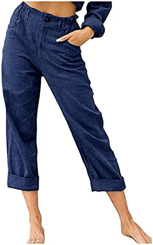 Ženske pamučne lanene hlače visoko udisane ljetne udobne hlače s ravnim nogama casual elastični struk čvrste harem hlače