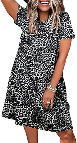 Ženske leopardove posade za vrat majica haljine v vrat kratki rukavi casual haljine za ljuljanje dužine koljena Ljetna majica