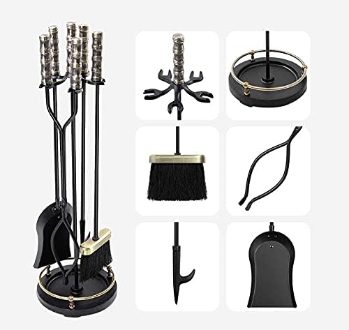 Crni set alata za kamin s mesinganom ručkom, kovano željezo, 5 komada, alati s pokerom, lopatom, kliještima, četkom, vanjski