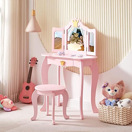 Toaletni stolić za bebe i stolica za bebe, toaletni stolić za šminkanje princeze s uklonjivim trokrilnim ogledalom, toaletni