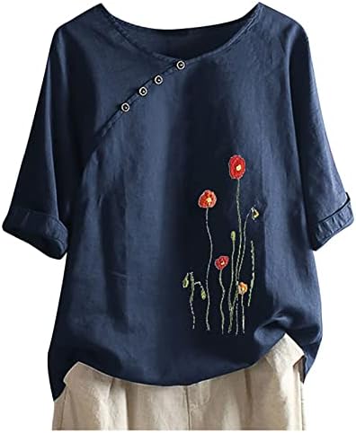 Ženske plus platnene vrhove vintage cvjetni gumb za ispis majica okrugli vrat Pola rukava bluza ljetne košulje