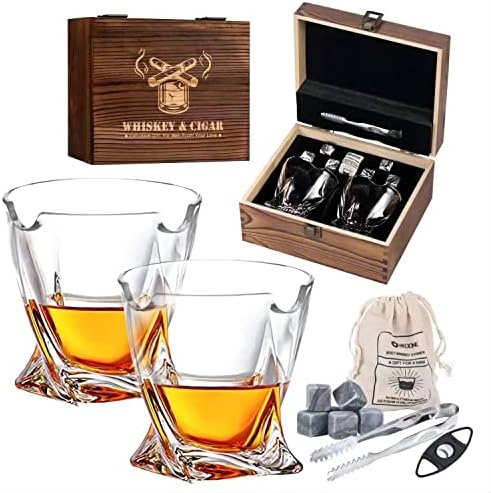 Poklon set čaša za viski od 2 kristalne staromodne čaše za viski u drvenoj poklon kutiji sa 6 kamenja za viski, kliještima,