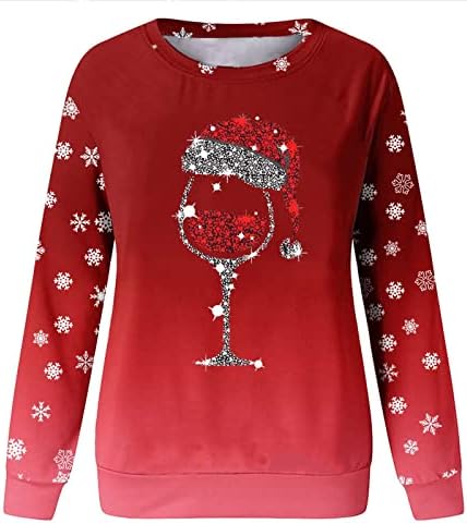 Božićne Dukserice za žene, pulover s printom čaše crnog vina s pahuljicama, svečane majice dugih rukava, vrhovi