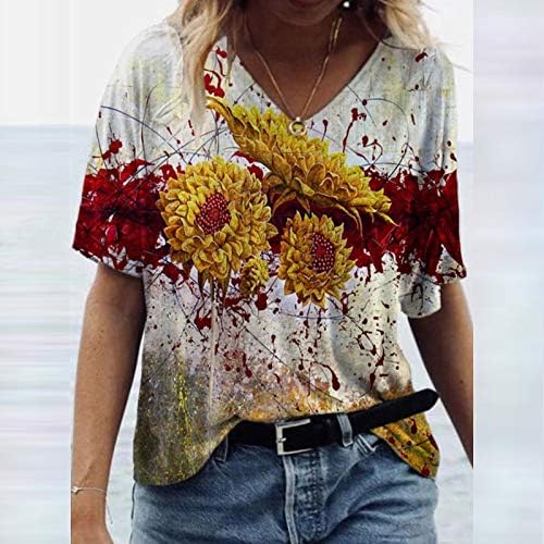 Ljetne žene labavi vrhovi slikovito cvijeće tiskaju bluze v vrat kratki rukavi majice ležerne predimenzionirane majice