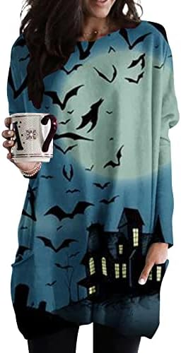 Ženske majice s kapuljačom s printom za Noć vještica veličine plus s okruglim vratom s labavim džepovima puloveri s dugim