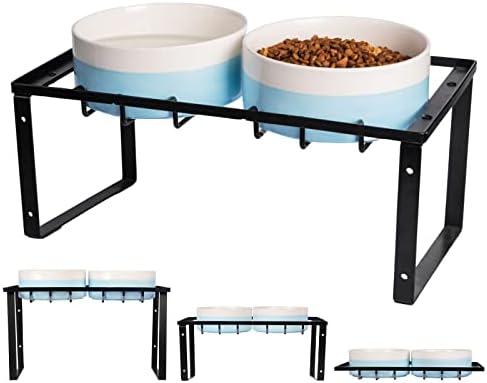 Povišene zdjele za pse, 6-inčna keramička zdjela za pse, s metalnim postoljem i sivom silikonskom prostirkom za hranjenje