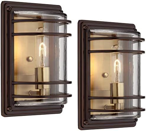 Rustikalna Industrijska vanjska zidna svjetla set od 2 brončana Topla mjedena 11 prozirna stakla za vanjsku ugradnju trijema