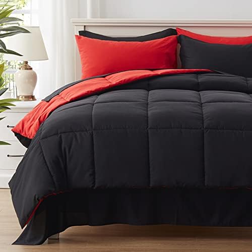 Anluoer King Size krevet u vrećici 7 komada, crni komplet s kombiniranjem i listovima, cijele sezonske posteljine s 1 kombiniranjem,