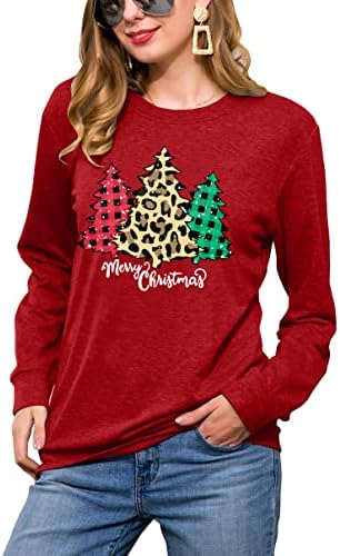 Sretan božićni dukser za žene božićni karirani leopard drveni tiskani košulja bluza dugih rukava za odmor majice vrhovi