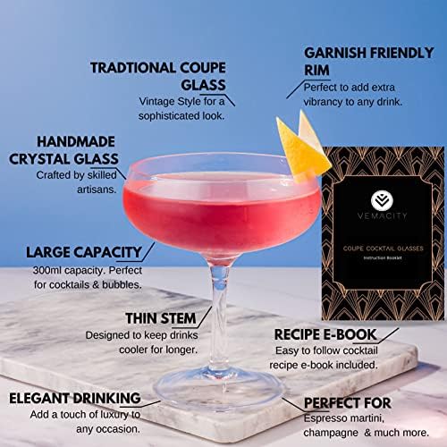 Elegantne kupe naočale za koktele- set od 4 ručno rađene na čašama s kristalnim barom naočale/šampanjac za šampanjac | Dizajniran