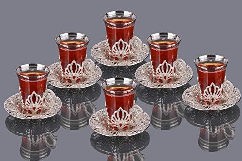 Lamodahome Turski set za čaj/Turske čajne šalice od 6 sa srebrnim držačima i tanjurima - Fancy Vintage ručno izrađeni stakleni