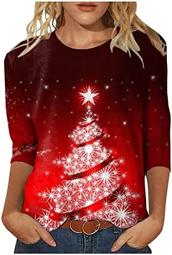 LCZIWO Žene božićna majica Sretan i svijetli grafički print vrhovi dugih rukava TEES SUSENE Slatke majice od 3/4 rukava za