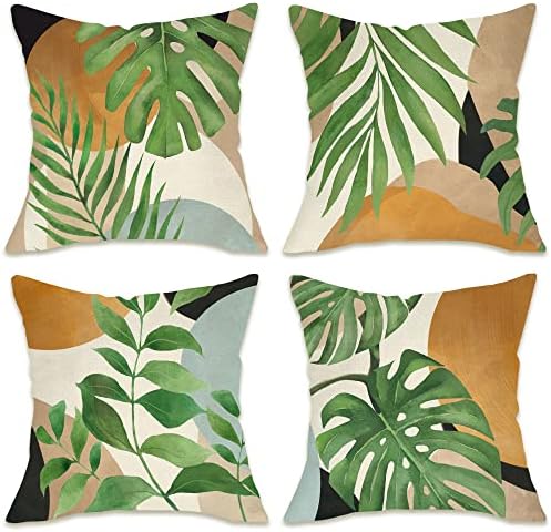 Fahrendom Tropical Palm Monstera Listovi Boho ukrasni poklopac jastuka za bacanje 18 x 18 set od 4, boemski botanički trijem,
