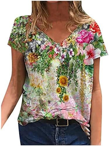 Comigeewa majice za žene ljetne jesenske kratke rukave vneck spandex cvjetni print labave bluze za bluze dame 2023 9s