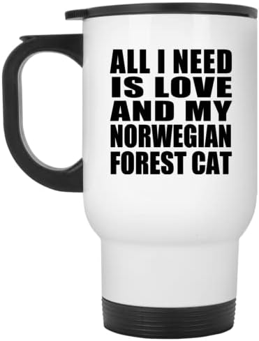 Dizajnsify Sve što trebam je ljubav i moja norveška šumska mačka, bijela putnička šalica 14oz od nehrđajućeg čelika izolirana,