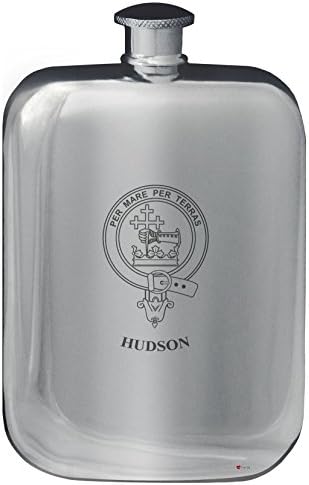 Džepna tikvica s grbom obitelji Hudson, 6 unci, zaobljeni polirani kositar