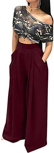 FOVIGUO Ženske rastezljive čvrste boje visokog struka Palazzo hlača s širokim nogama labave fit bootcut ured s džepovima