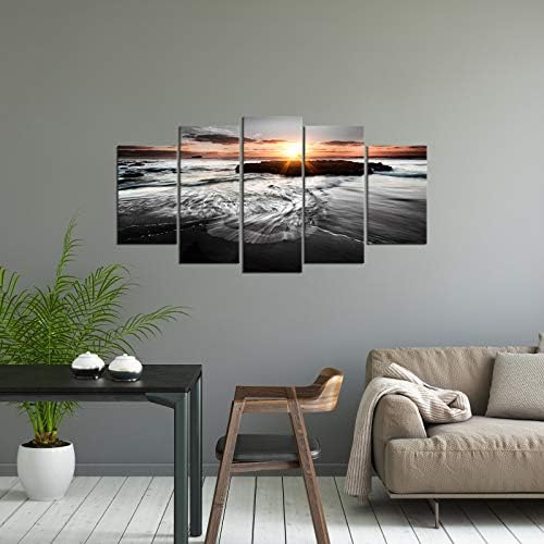 Skenoart 5 ploče velike morske slike izlaska sunca na platnu zidne umjetnosti moderne morske krajeve slike crno -bijele oceanske