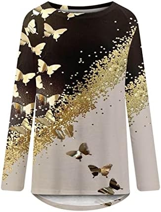 Metalne zlatne salone bluze za dame jeseni ljetni posada s dugim rukavima vrat colorblock leptir grafički vrhovi majica tinejdžerka