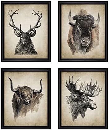 Dizajn Batuba - Otisci plakata za zidne zidne dekor bifalo jeleni, set od 4 frameless 8'x10 inc, divlje životinje platno