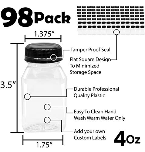 prazne plastične boce za sok od 4 oz s crnim poklopcima, pakiranje od 98 komada, male prozirne posude za sirup za mliječne