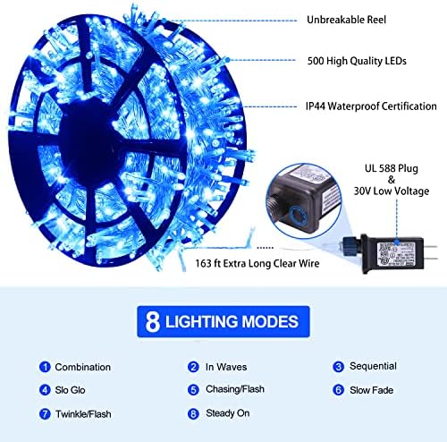 Jmexsuss 163 ft 500 LED plava božićna svjetla na otvorenom, vodootporna svjetla plave žice utikač, 8 modusa Clear Wire božićne
