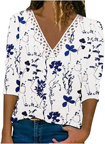 Ženska modna cvjetna tiskana majica v vrat kukičana čipkasta vrhova casual 3/4 rukava bluze 2023 Ljetne košulje