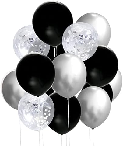 50 pcs 12 inča crni i srebrni baloni, srebrni baloni konfeta, crni i srebrni metalni kromirani baloni, crni i srebrni ukrasi