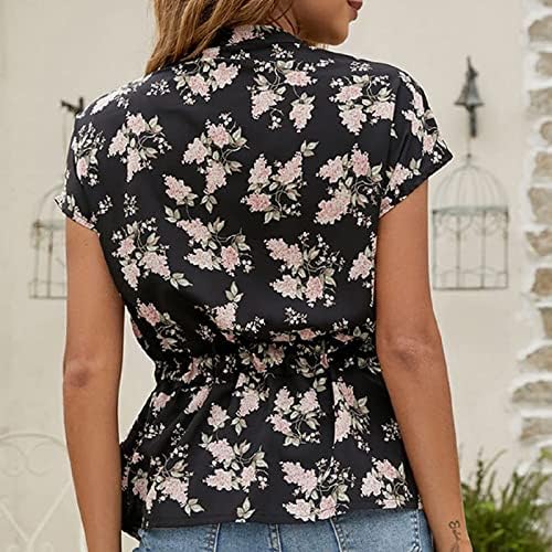 + ženske ljetne košulje širokog kroja kratkih rukava s mašnom u struku, cvjetna tunika s printom, Gornji dijelovi, elegantne