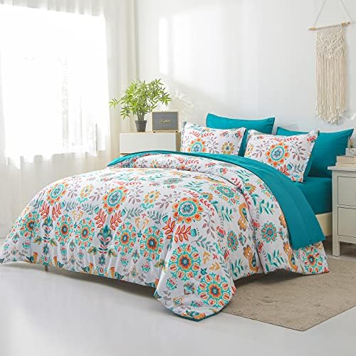 DHSFKBE Boho Comforter Set Queen -7 komada kreveta u vrećici cvjetni medaljoni dizajn, boemski komplet s listovima, meki