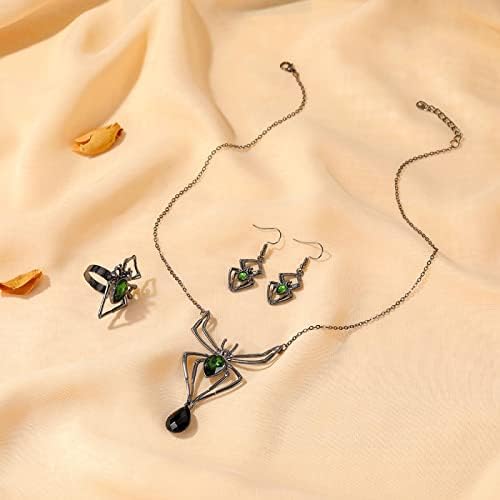 Trodijelni set nakita za Noć vještica ogrlica od pauka naušnice prsten smaragdni set dodataka nakit za Noć vještica za žene