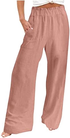 ženske ljetne hlače od pamuka i lana, Ležerne, visokog elastičnog struka, širokog kroja, joga hlače širokih nogavica s džepovima